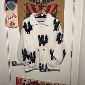 Vintage COUNTRY WOODS White Nature Winter Bear Full Zip Fleece Jacket Size (XL)